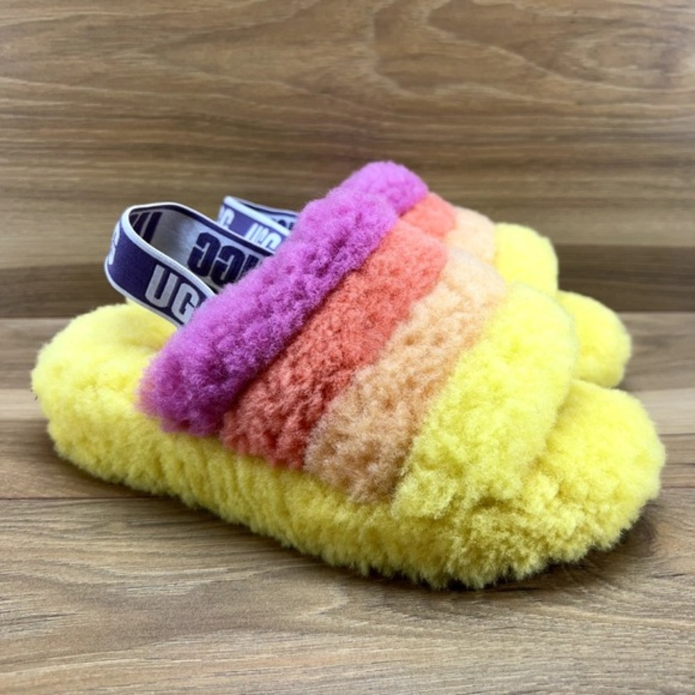 UGG Womens Slippers Size 6 Yellow Multi Fluff‎ Yeah Shearling Fur Slingback